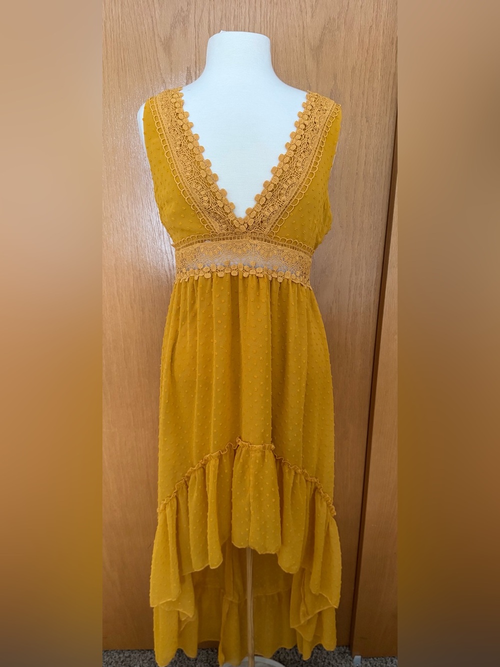Yellow Lace-Trim High-Low Maxi Dress
